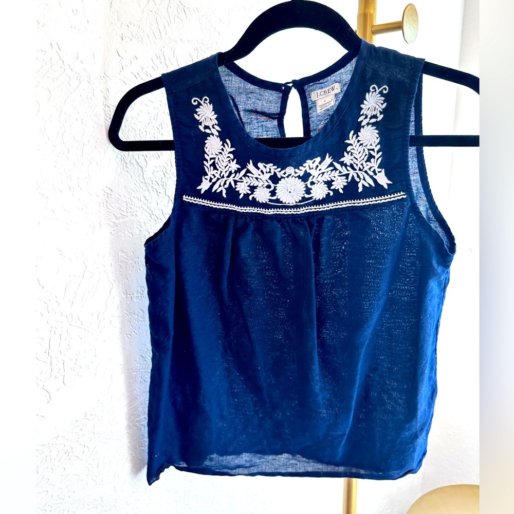 Jcrew Embroidered navy linen tank